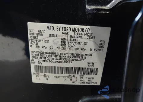 2010 Ford Edge Se из США, поврежденный, VIN 2FMDK3GC0ABB39893